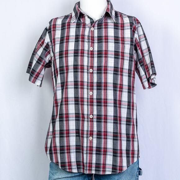 Y2K Anchor Blue red plaid short sleeve slim fit button down shirt sz L - Picture 1 of 6